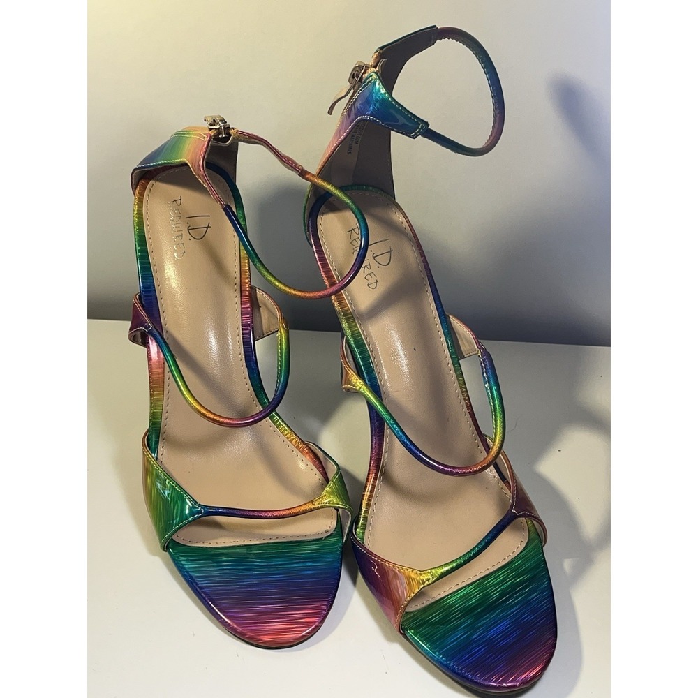 Women Neon Multicolored Open Toe Sandal 4+", Zip Back High Heels Size 9.5M